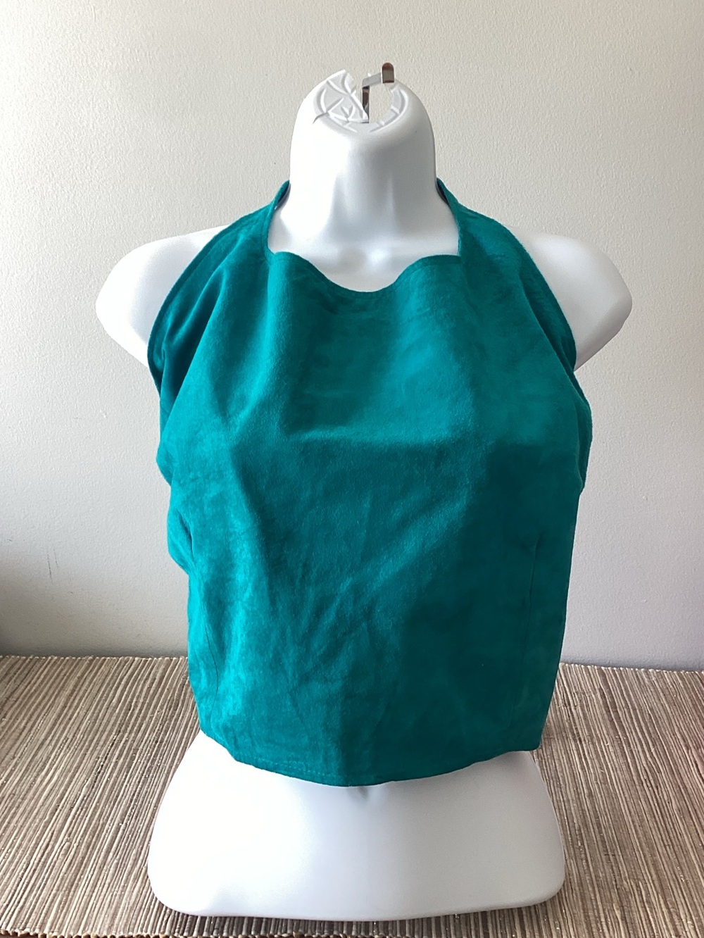 Y2K Turquoise Leather Teal Suede Tower Hell Halter Boho Tank Top L
